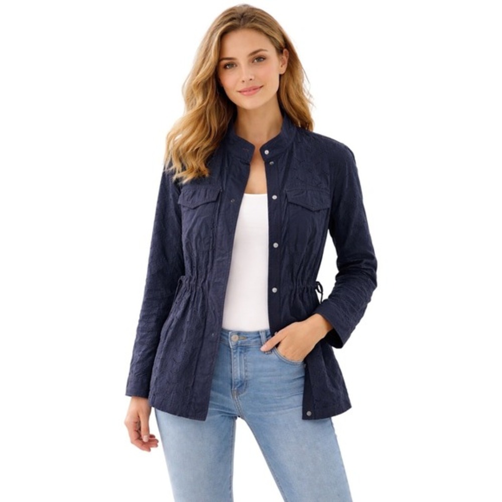 Gap Navy Blue Eyelet Utility Jacket Mock Neck Drawstring Waist M Coastal 83-30